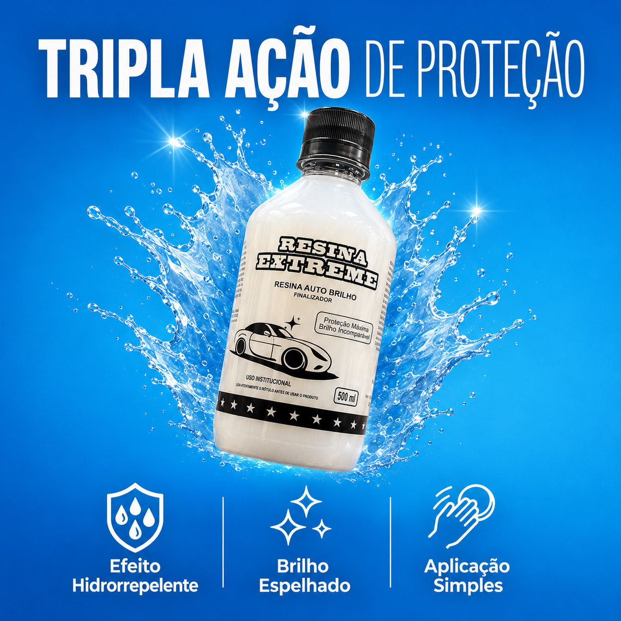 Frasco de Resina Extreme envolto em respingos de agua, destacando a tripla acao de protecao