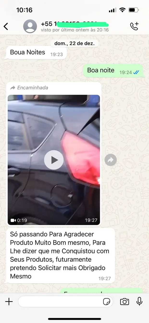 Print de WhatsApp com cliente agradecendo pelo produto