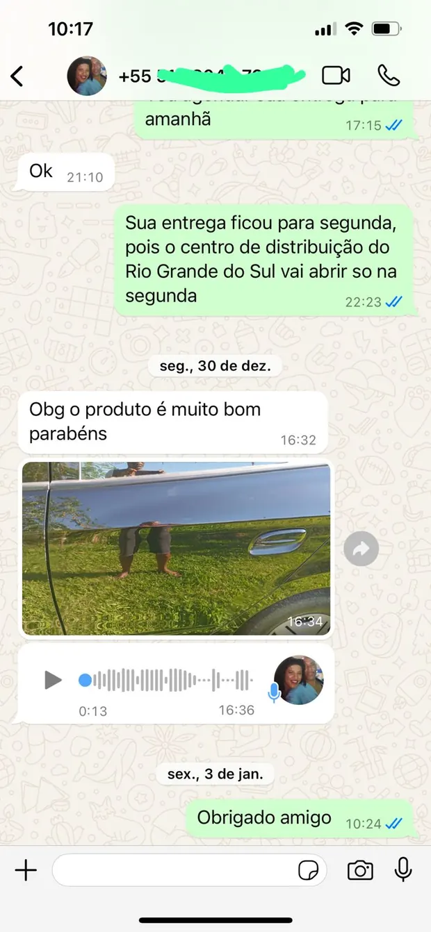 Print de WhatsApp com elogio e audio sobre o produto
